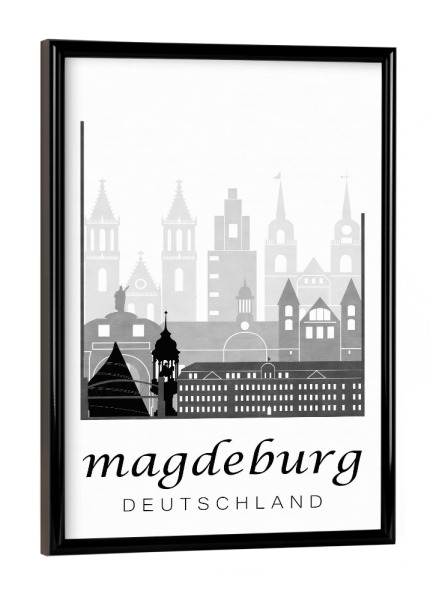 Poster mit schwarzem Rahmen "Magdeburg skyline black & white" artboxONE - Städte,Schwarzweiß,Kartografie