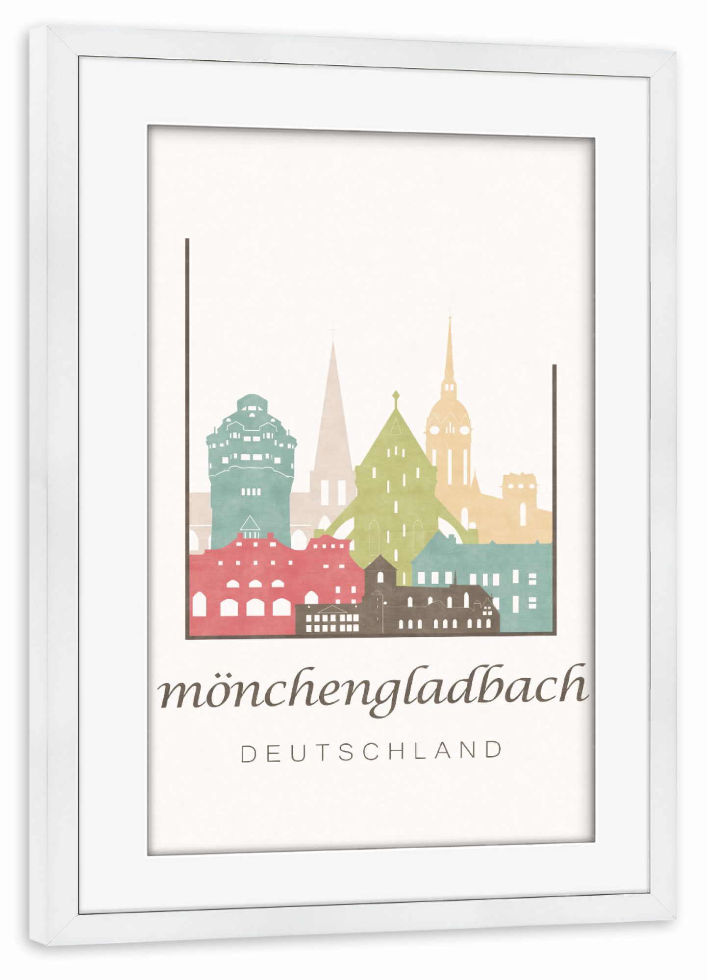 Poster mit Rahmen weiß "Mönchengladbach pastel skyline" artboxONE - Städte,Kartografie