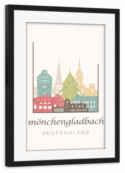 Poster mit Rahmen schwarz "Mönchengladbach pastel skyline" artboxONE - Städte,Kartografie