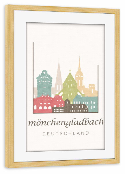 Poster mit Rahmen kiefer "Mönchengladbach pastel skyline" artboxONE - Städte,Kartografie