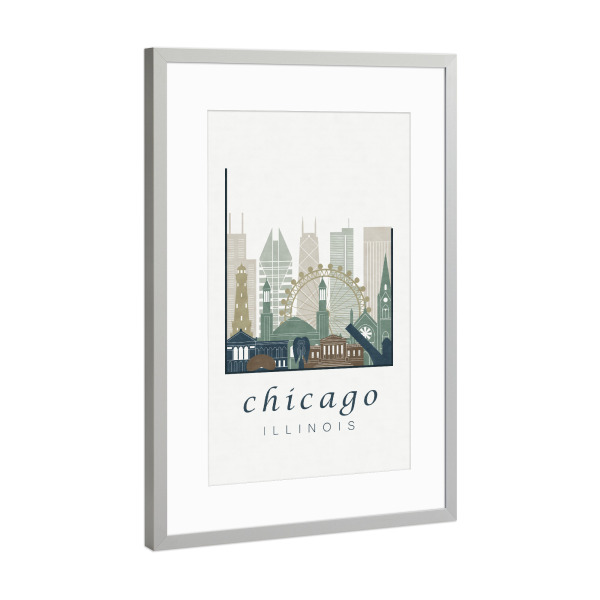 Poster mit Rahmen Silber "Chicago skyline light blue" artboxONE - Städte / Chicago,Kartografie