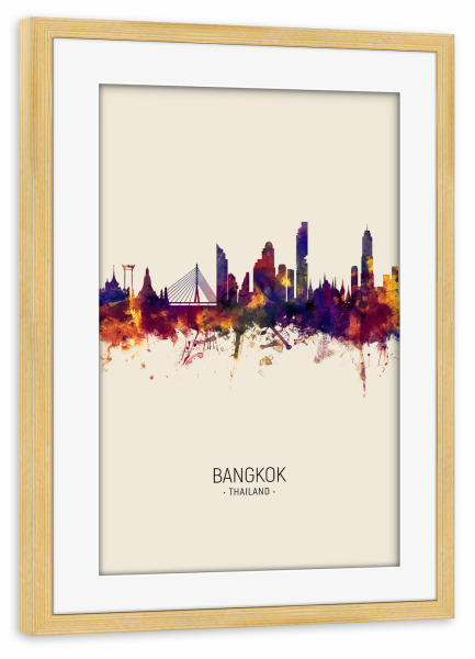 Poster mit Rahmen kiefer "Bangkok Skyline beige" artboxONE - Städte - Bangkok,Thailand,Skyline,Cityscape,Painting,Watercolour,Stadtbild