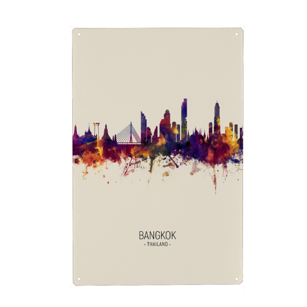 Metall Poster "Bangkok Skyline beige" artboxONE - Städte - Bangkok,Thailand,Skyline,Cityscape,Painting,Watercolour,Stadtbild - Blechschild