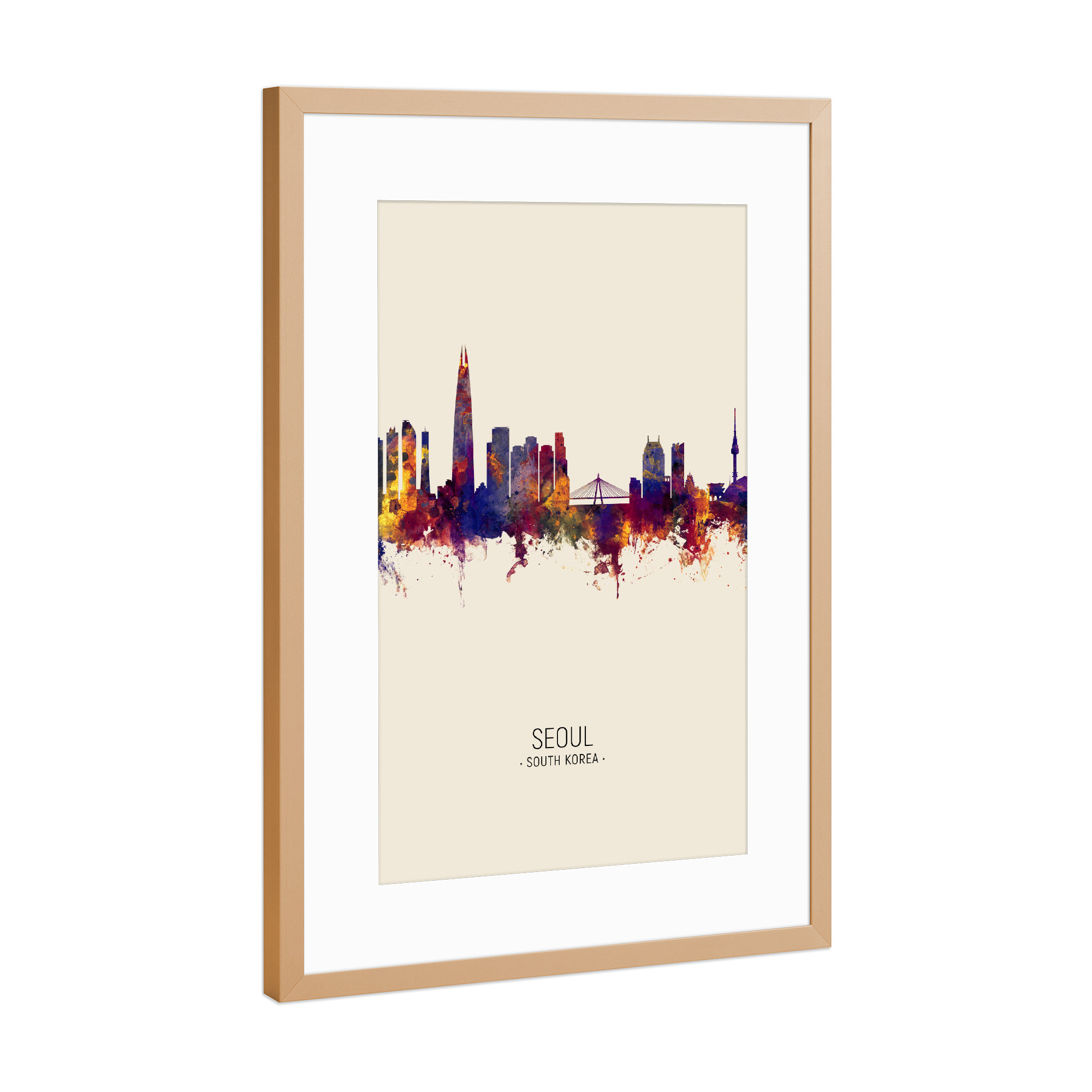 Poster mit Rahmen Kupfer "Seoul Skyline Beige" artboxONE - Städte - Seoul,South korea,Skyline,Cityscape,Painting,Watercolour,Stadtbild