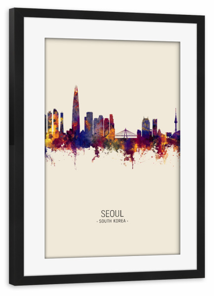 Poster mit Rahmen schwarz "Seoul Skyline Beige" artboxONE - Städte - Seoul,South korea,Skyline,Cityscape,Painting,Watercolour,Stadtbild
