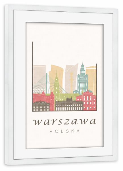 Poster mit Rahmen weiß "Warsaw pastel skyline" artboxONE - Städte,Kartografie - Warsaw,Warszawa,Warschau,Poland,Polska,Polen,Skyline,Cityscape,Travel