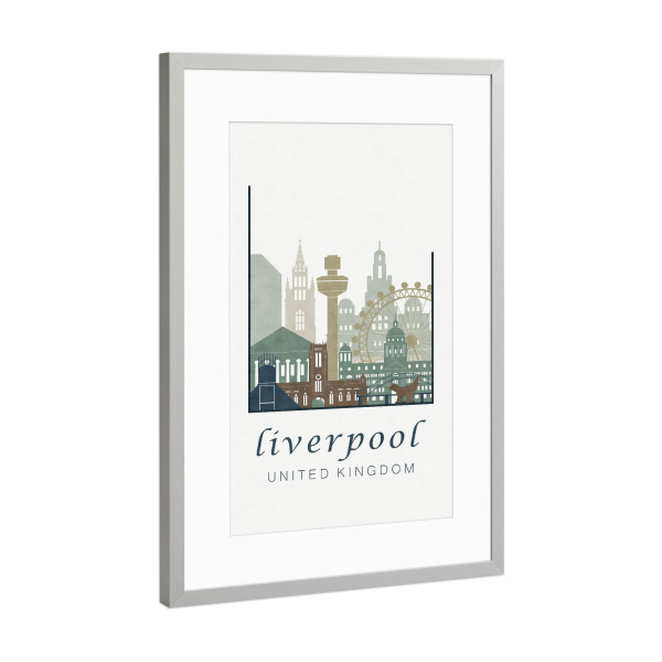 Poster mit Rahmen Silber "Liverpool skyline light blue" artboxONE - Städte,Kartografie - Liverpool,United kingdom,Uk,England,Skyline,Cityscape,Travel