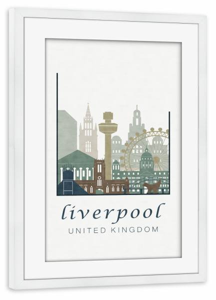 Poster mit Rahmen weiß "Liverpool skyline light blue" artboxONE - Städte,Kartografie - Liverpool,United kingdom,Uk,England,Skyline,Cityscape,Travel