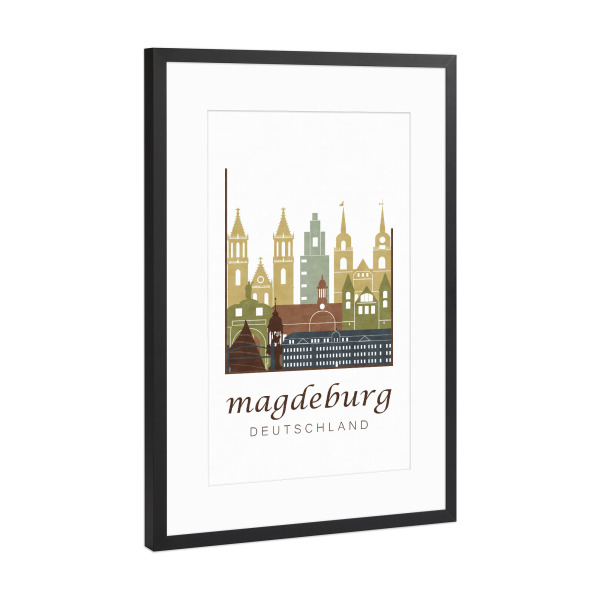 Poster mit Rahmen Schwarz (Metallic) "Magdeburg skyline light brown" artboxONE - Städte,Kartografie