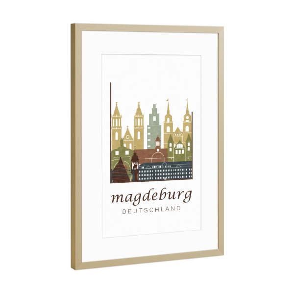 Poster mit Rahmen Gold "Magdeburg skyline light brown" artboxONE - Städte,Kartografie - Magdeburg,Germany,Deutschland,Skyline,Cityscape,Travel