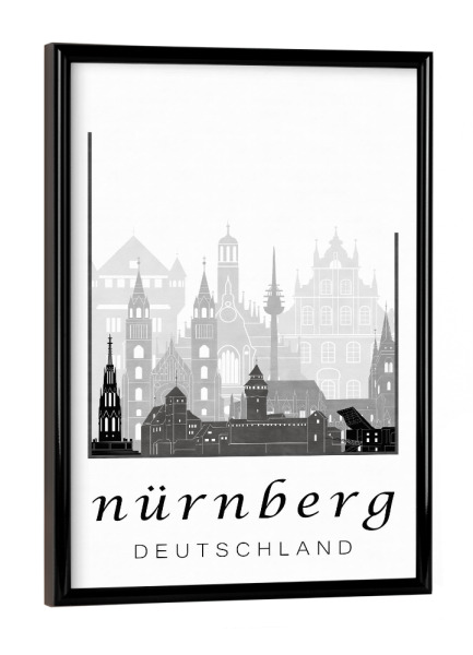 Poster mit schwarzem Rahmen "Nuremberg skyline black & white" artboxONE - Städte,Schwarzweiß,Kartografie