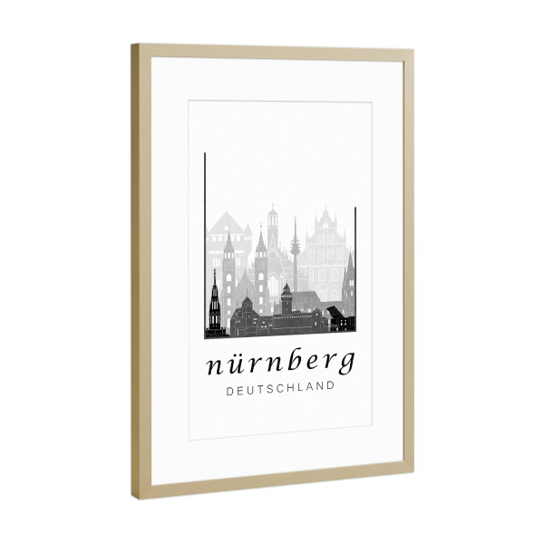 Poster mit Rahmen Gold "Nuremberg skyline black & white" artboxONE - Städte,Schwarzweiß,Kartografie