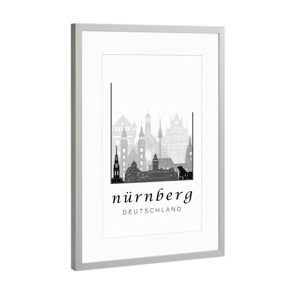 Poster mit Rahmen Silber "Nuremberg skyline black & white" artboxONE - Städte,Schwarzweiß,Kartografie