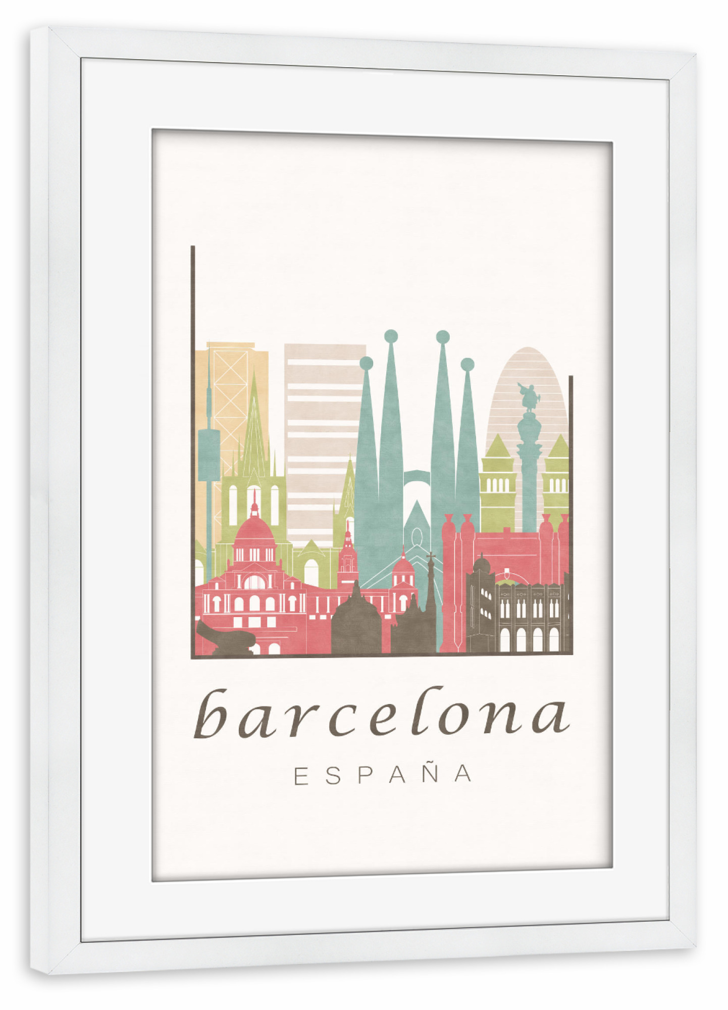 Poster mit Rahmen weiß "Barcelona pastel skyline" artboxONE - Städte / Barcelona,Kartografie - Barcelona,Spain,España,Spanien,Skyline,Cityscape,Travel