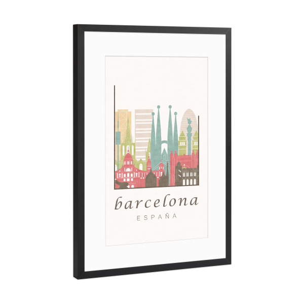 Poster mit Rahmen Schwarz (Metallic) "Barcelona pastel skyline" artboxONE - Städte / Barcelona,Kartografie