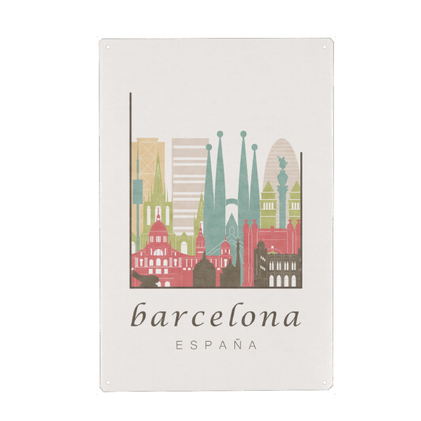 Metall Poster "Barcelona pastel skyline" artboxONE - Städte / Barcelona,Kartografie - Barcelona,Spain,España,Spanien,Skyline,Cityscape,Travel