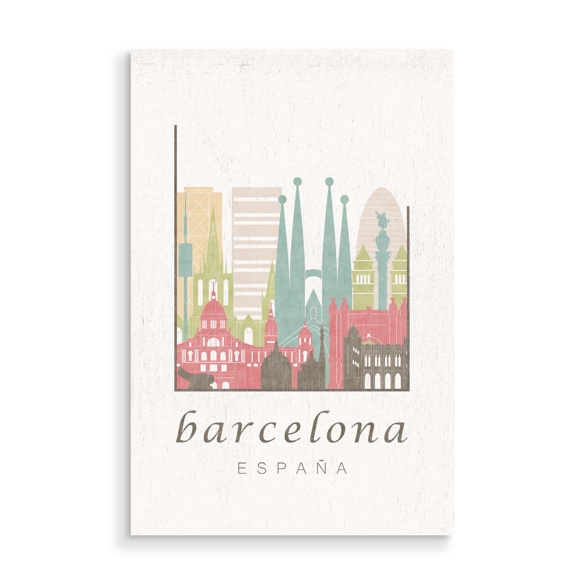 Holzbild "Barcelona pastel skyline" artboxONE - Städte / Barcelona,Kartografie - Barcelona,Spain,España,Spanien,Skyline,Cityscape,Travel