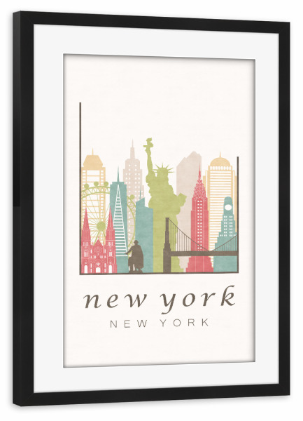Poster mit Rahmen schwarz "New York pastel skyline" artboxONE - Städte / New York,Kartografie