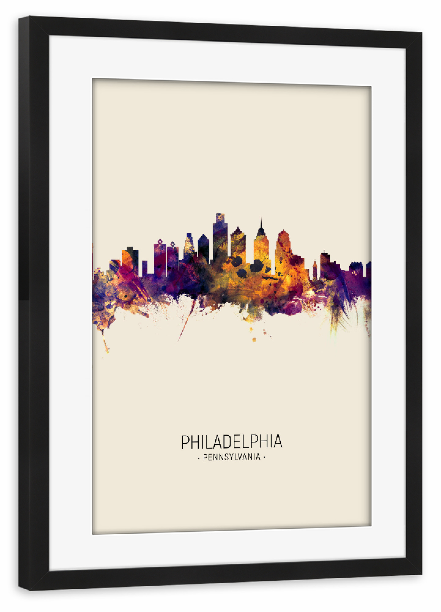 Poster mit Rahmen schwarz "Philadelphia Skyline Beige" artboxONE - Städte - Philadelphia,Pennsylvania,Skyline,Cityscape,Painting,Watercolour,Stadtbild