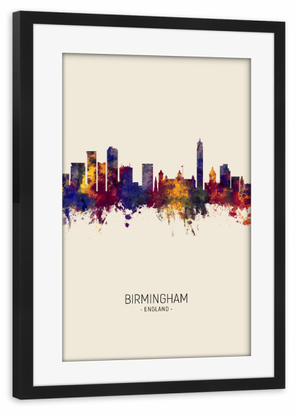Poster mit Rahmen schwarz "Birmingham Skyline Beige" artboxONE - Städte - Birmingham,England,Skyline,Cityscape,Painting,Watercolour,Stadtbild