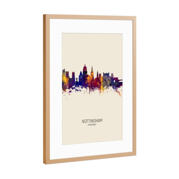Poster mit Rahmen Kupfer "Nottingham Skyline beige" artboxONE - Städte - Nottingham,England,Skyline,Cityscape,Painting,Watercolour,Stadtbild