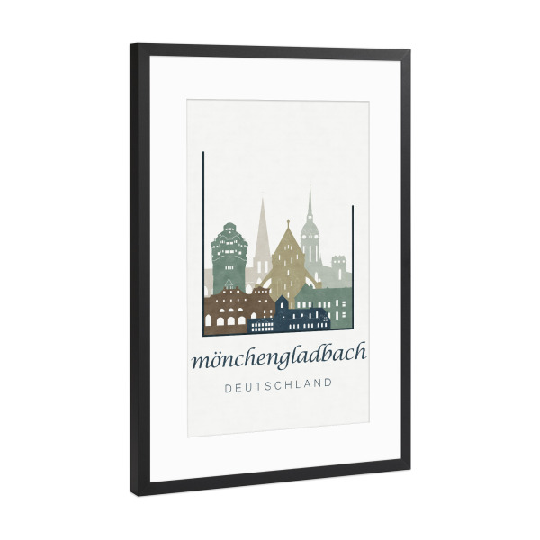 Poster mit Rahmen Schwarz (Metallic) "Mönchengladbach light blue" artboxONE - Städte,Kartografie