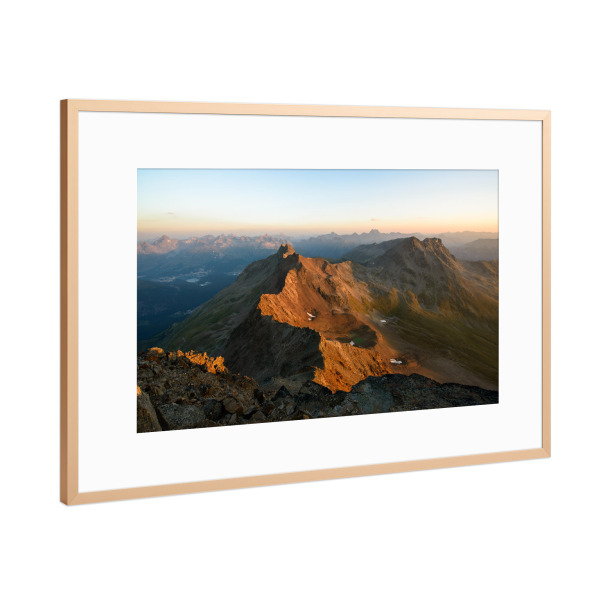 Poster mit Rahmen Kupfer "Sunrise panorama from Piz Languard" artboxONE - Natur