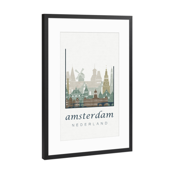 Poster mit Rahmen Schwarz (Metallic) "Amsterdam skyline, light blue" artboxONE - Städte / Amsterdam,Kartografie