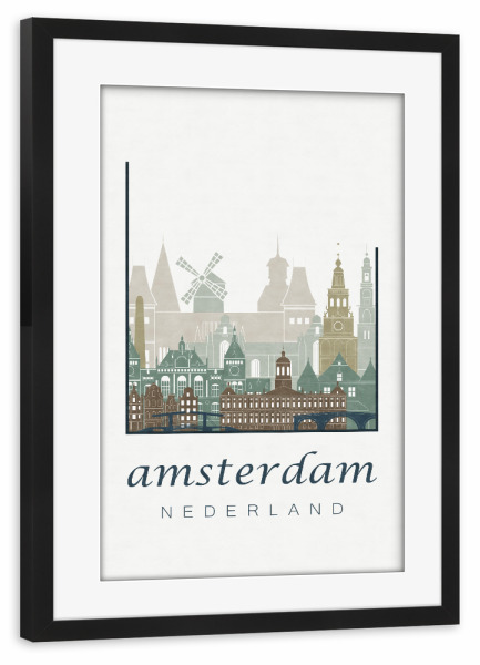 Poster mit Rahmen schwarz "Amsterdam skyline, light blue" artboxONE - Städte / Amsterdam,Kartografie