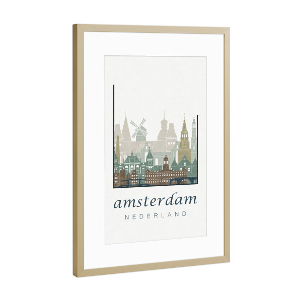 Poster mit Rahmen Gold "Amsterdam skyline, light blue" artboxONE - Städte / Amsterdam,Kartografie