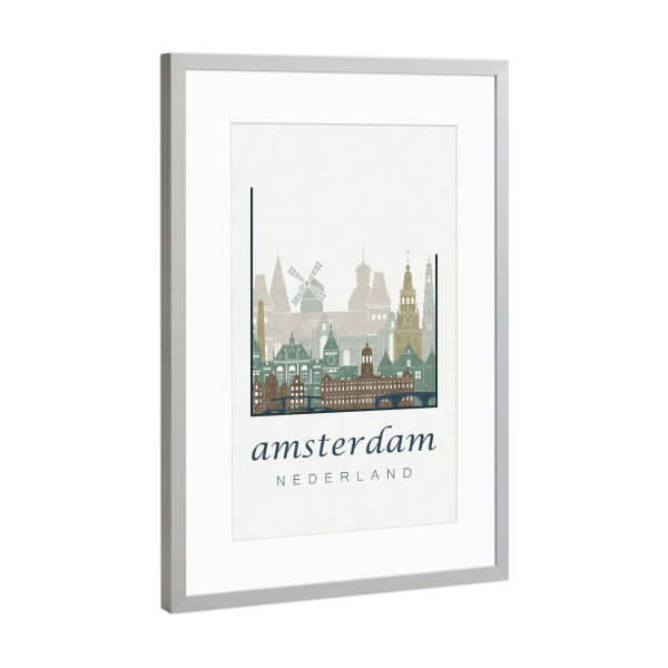 Poster mit Rahmen Silber "Amsterdam skyline, light blue" artboxONE - Städte / Amsterdam,Kartografie