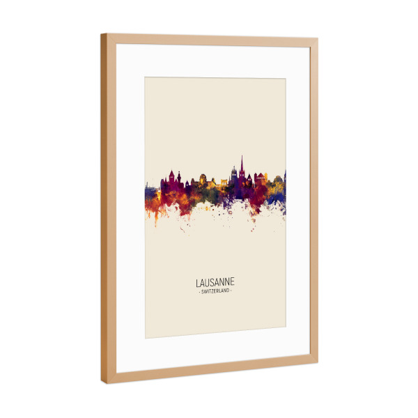 Poster mit Rahmen Kupfer "Lausanne Skyline Beige" artboxONE - Städte - Lausanne,Switzerland,Skyline,Cityscape,Painting,Watercolour,Stadtbild