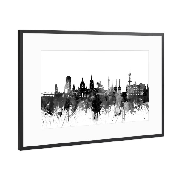 Poster mit Rahmen Schwarz (Metallic) "Hannover skyline black" artboxONE - Städte,Reise,Schwarzweiß,Architektur