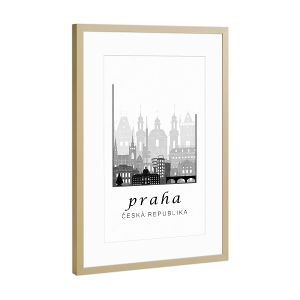 Poster mit Rahmen Gold "Prague skyline black & white" artboxONE - Schwarzweiß,Städte / Prag,Kartografie