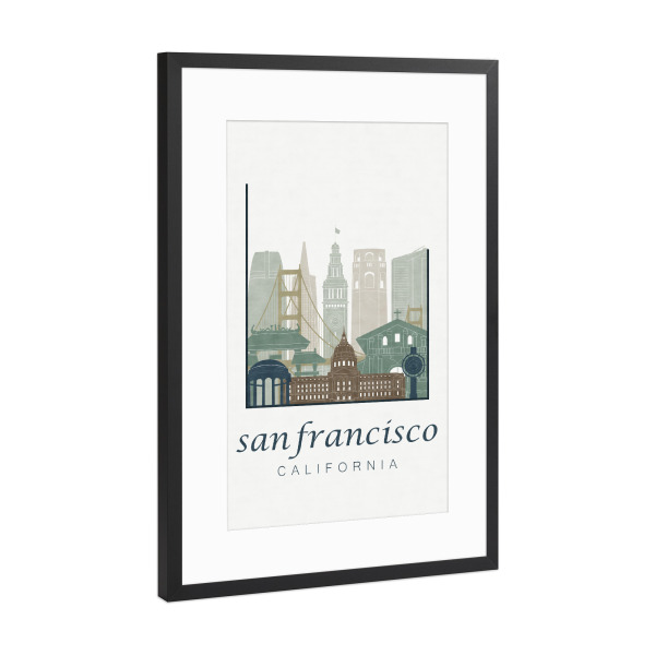 Poster mit Rahmen Schwarz (Metallic) "San Francisco skyline light blue" artboxONE - Städte / San Francisco,Kartografie