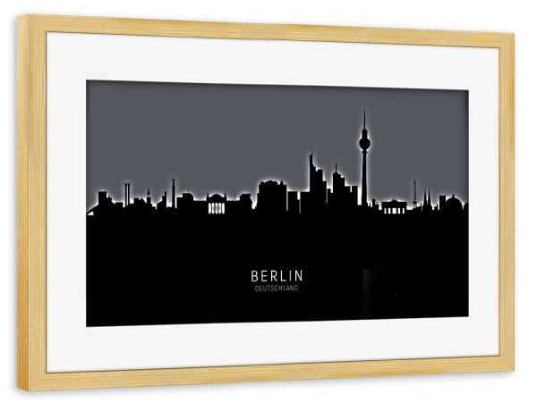 Poster mit Rahmen kiefer "Berlin Skyline Glow White" artboxONE - Städte / Berlin,Schwarzweiß