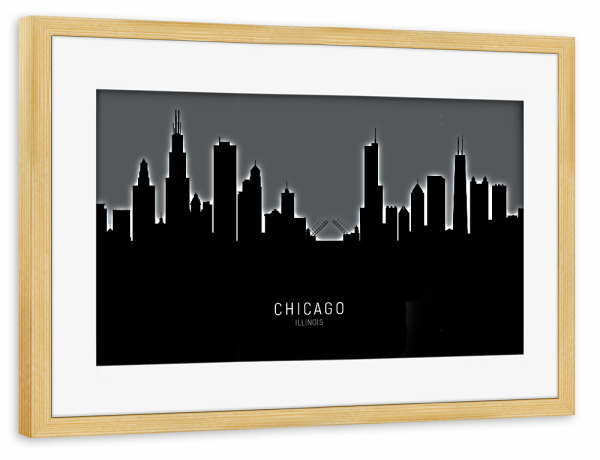 Poster mit Rahmen kiefer "Chicago Skyline Glow White" artboxONE - Schwarzweiß,Städte / Chicago