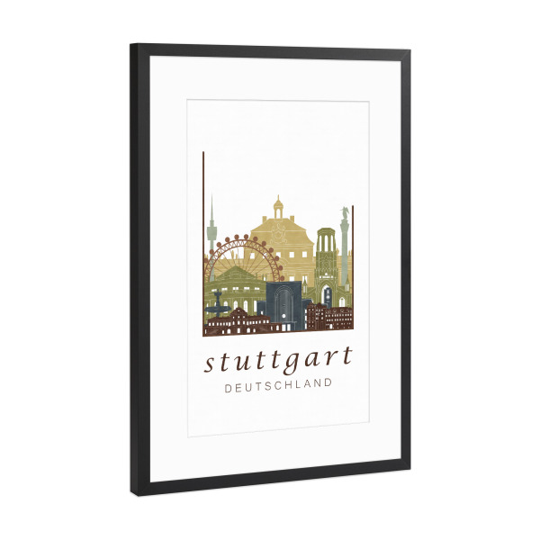 Poster mit Rahmen Schwarz (Metallic) "Stuttgart skyline light brown" artboxONE - Städte / Stuttgart,Kartografie
