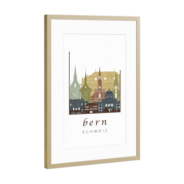 Poster mit Rahmen Gold "Bern skyline light brown" artboxONE - Städte,Kartografie - Bern,Berne,Switzerland,Schweiz,Skyline,Cityscape,Travel