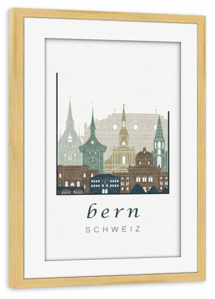 Poster mit Rahmen kiefer "Bern skyline light blue" artboxONE - Städte,Kartografie - Bern,Berne,Switzerland,Schweiz,Skyline,Cityscape,Travel
