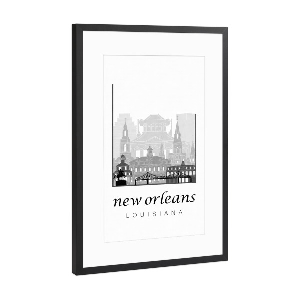 Poster mit Rahmen Schwarz (Metallic) "New Orleans skyline black & white" artboxONE - Städte,Schwarzweiß,Kartografie