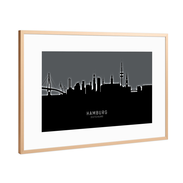 Poster mit Rahmen Kupfer "Hamburg Skyline Glow BW" artboxONE - Städte,Schwarzweiß