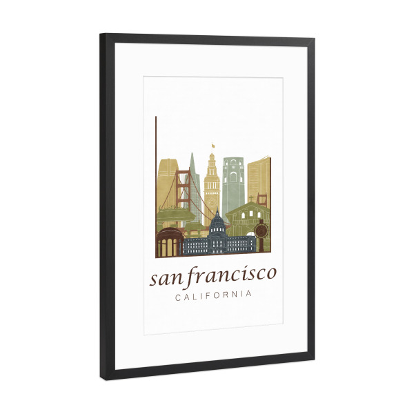 Poster mit Rahmen Schwarz (Metallic) "San Francisco skyline light brown" artboxONE - Städte / San Francisco,Kartografie