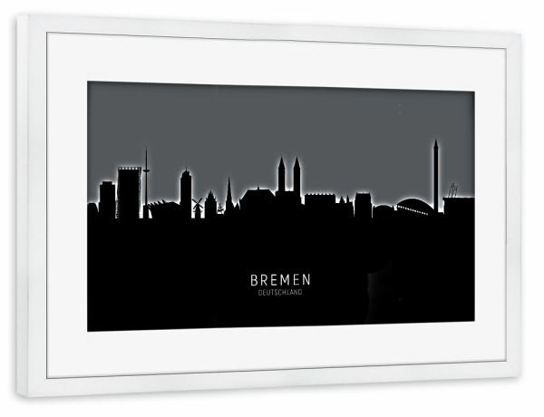 Poster mit Rahmen weiß "Bremen Skyline Glow BW" artboxONE - Städte,Schwarzweiß - Bremen,Deutschland,Skyline,Cityscape,Stadtbild