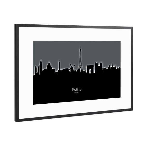 Poster mit Rahmen Schwarz (Metallic) "Paris Skyline Glow White" artboxONE - Schwarzweiß,Städte / Paris