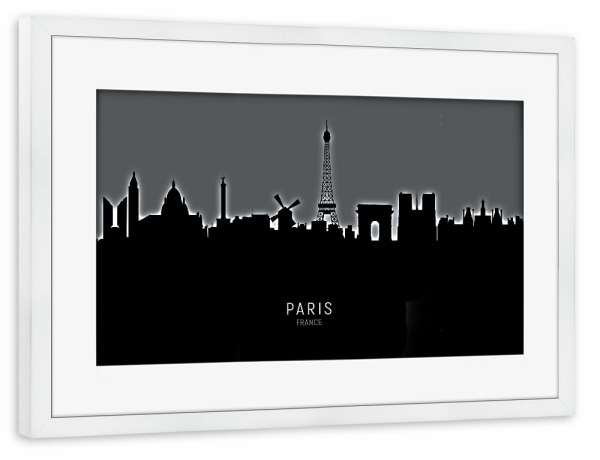 Poster mit Rahmen weiß "Paris Skyline Glow White" artboxONE - Schwarzweiß,Städte / Paris