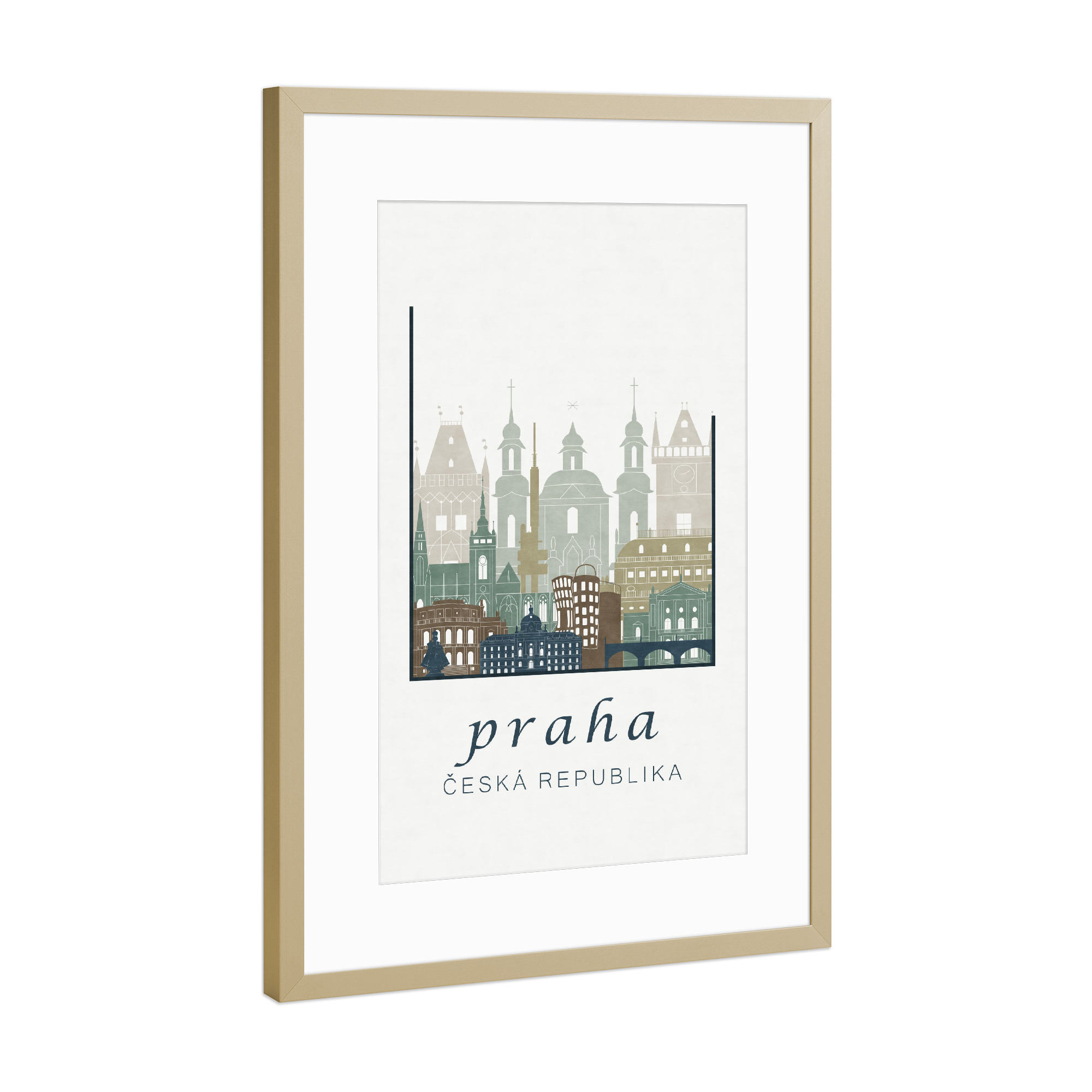 Poster mit Rahmen Gold "Prague skyline light blue" artboxONE - Städte / Prag,Kartografie