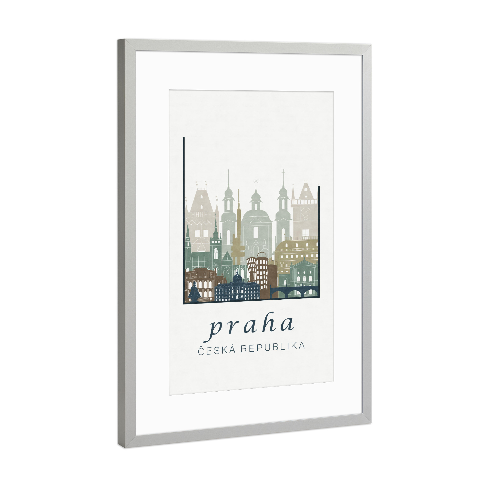 Poster mit Rahmen Silber "Prague skyline light blue" artboxONE - Städte / Prag,Kartografie