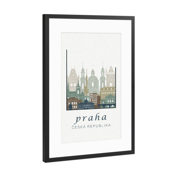 Poster mit Rahmen Schwarz (Metallic) "Prague skyline light blue" artboxONE - Städte / Prag,Kartografie