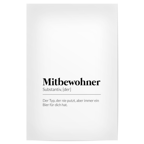 Poster "Definition Mitbewohner Bier" artboxONE - Typografie,Schwarzweiß,Liebe - Geschenk für den mitbewohner,Wg bewohner,Geschenk,Roommate
